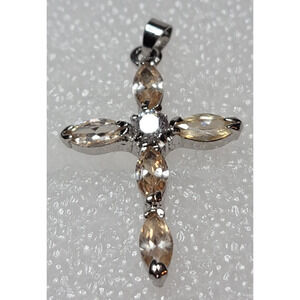 18K White Gold Plated Cross Pendant with Marquise Cut Champagne Colored Stones